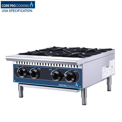 Gas Cooker 4 Burners | DI-HP24-M . Gas cooker. . 4 burner gas range. . Top plate thickness 1.2 mm, body 1 mm stainless steel. . Gas power: 100000 BTU/H. . Weight: 44 kg. . Dim: 610 x 738 x 330 mm. . DI-HP24-M . Core Pro Cooking/US Brand Quality Certificated