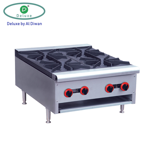 . 4 range table top. . Stainless steel table top 6 range gas cooker. . Temp: 50 ~ 300 آ°C. . 4 low-pressure valves. . Power: LPG / 25.2 kw / 86000 btu. . Weight: 59 kg. . Dimension: 610 x 770 x 375 mm. HGS-4 / china made