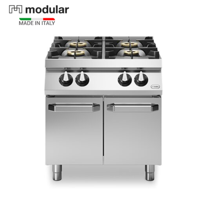 . 4 gas range on gas oven. . Burner power: (6+6+6) kw + (3.5+6+6) kw. . Static gas oven: 8 kw / gn 2/1. . Total gas power: 29.5 kw. . Dimension: 800 x 730 x 870 mm. . R70/80CFG . Modular / made in Italy.