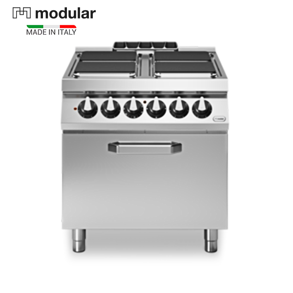 Electric 4 Plates cooker on oven. . 4 square plates. 4X4 KW . 304 s.steel, 2 mm top thick. . static electric oven: 6 kW / gn 2/1. . total electric power: 3n / 400 v / 50 hz / 22 kw. . dimension: 800 x 900 x 870 mm. R90/80CFEQ / modular / made in italy.